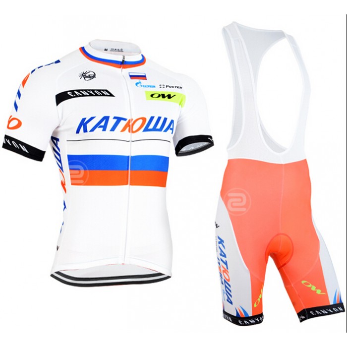 2015 Katusha Fahrradbekleidung Satz Fahrradtrikot Kurzarm Trikot und Kurz Trägerhose valkoinen Radtrikot Kaufen