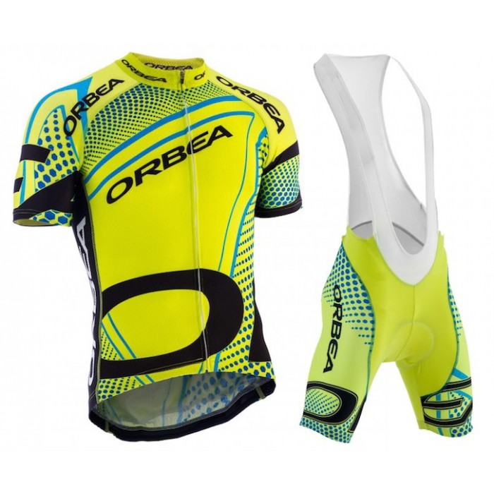 2015 Orbea fluo Gelb Blau Fahrradbekleidung Satz Fahrradtrikot Kurzarm Trikot und Kurz Trägerhose Radtrikot Kaufen