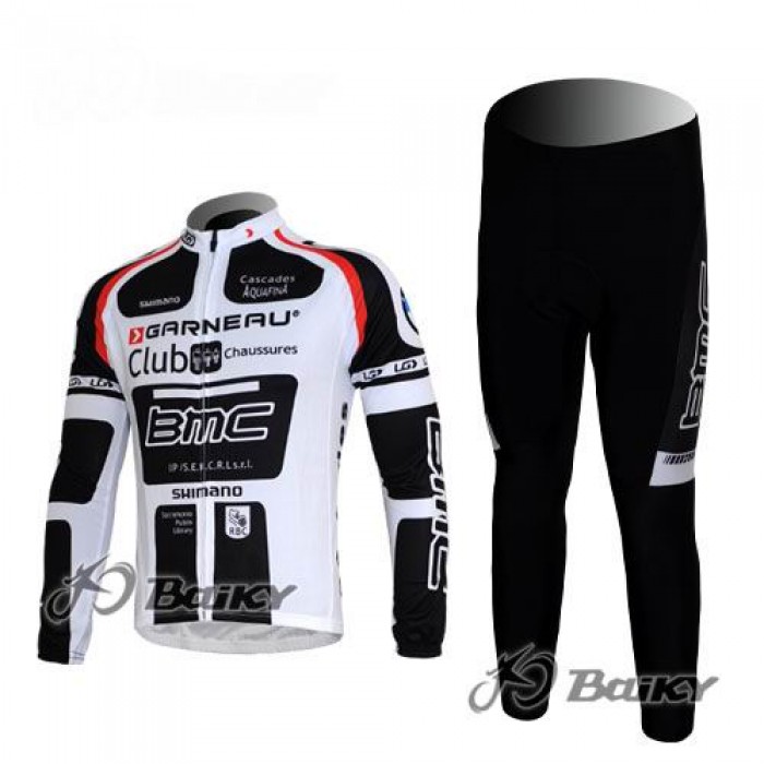 BMC Garneau Team Radbekleidung Satz Fahrradtrikot Langarm und Lang Radhose Weiß Schwarz Radtrikot Kaufen
