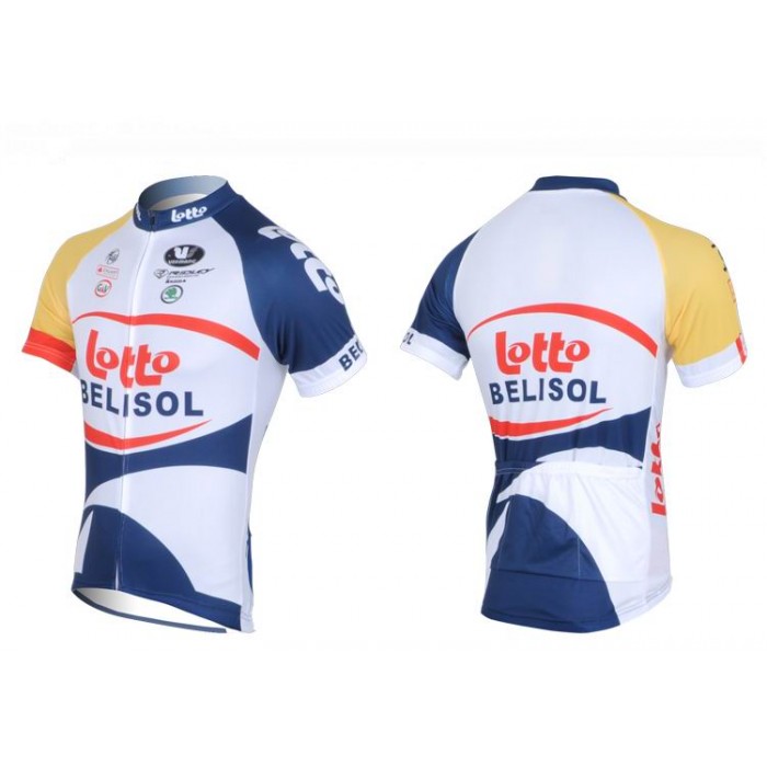 2013 Lotto Belisol Fahrradbekleidung Satz Fahrradtrikot Kurzarm Trikot und Kurz Trägerhose Weiß Blau Radtrikot Kaufen
