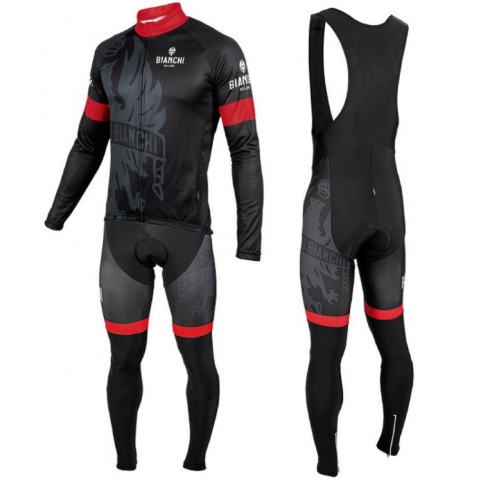 2016 Bianchi Milano Sorisole Schwarz-Rot Fahrradbekleidung Satz Radtrikot Langarm+Lang Trägerhose Radtrikot Kaufen