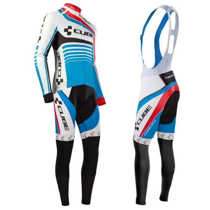 2016 Cube Teamline Weiß-Blau Fahrradbekleidung Satz Radtrikot Langarm+Lang Trägerhose Radtrikot Kaufen