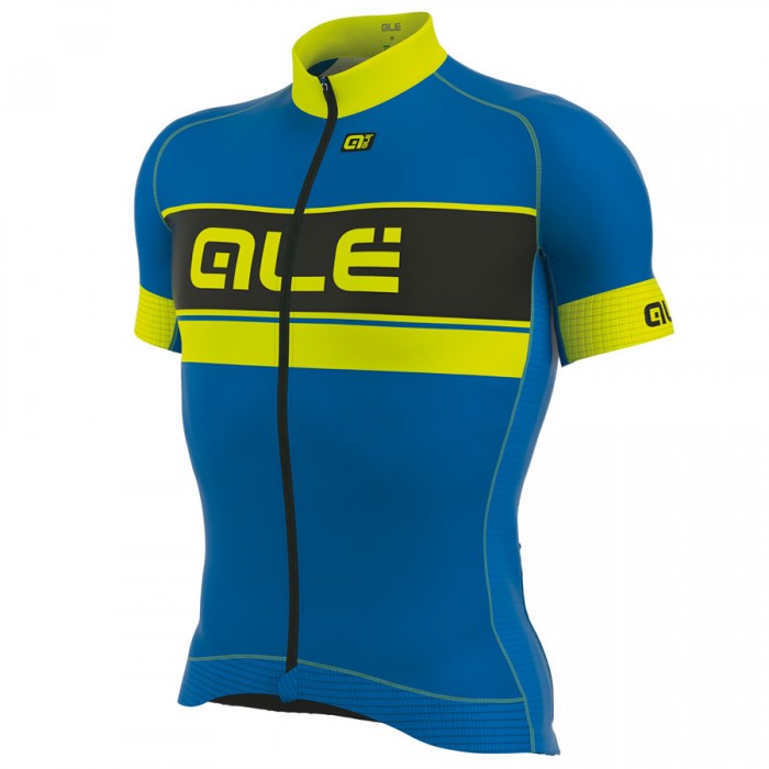 2017 Ale Graphics PRR Bermuda Radtrikot Kurzarm Blau Gelb Fluo Radtrikot Kaufen